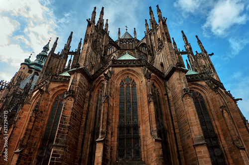 Facade of the main entrance to the St. Vitus cathedral in Prague Castle in Prague, Czech Republic