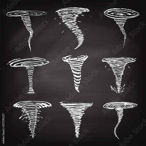 Set of tornado icons line sketch on chalk background. Vector
