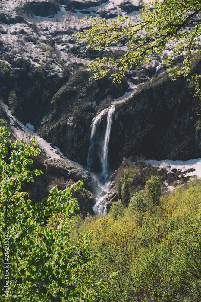 Obraz premium mountain waterfall and green forest in the morning light
