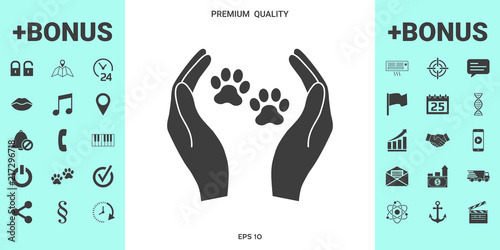 Shelter pets sign icon. Hands holds paw symbol. Animal protection