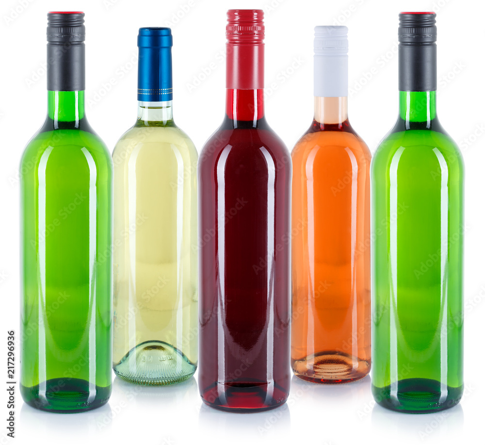 Wine bottles collection in a row white red rose green alcohol drink Wine bottles collection in a row white red rose green alcohol drink