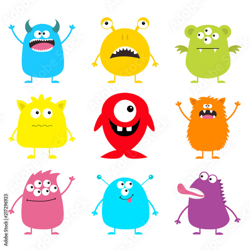 Cute monster icon set. Happy Halloween. Cartoon colorful scary funny character. Eyes  tongue  hands up. Funny baby collection. White background Isolated. Flat design.