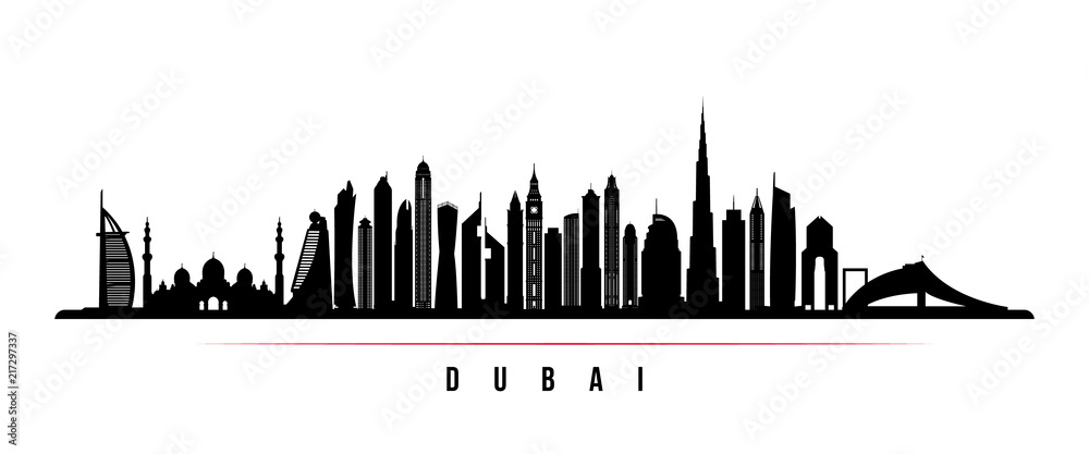 Dubai city skyline horizontal banner. Black and white silhouette of Dubai  city, UAE. Vector template for your design. Stock Vector | Adobe Stock