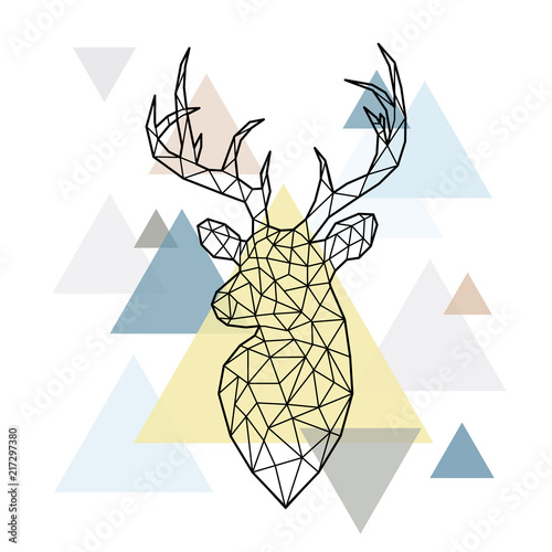 Abstract polygonal head of a forest deer on simple triangles background. Scandinavian style. Vector illustration.
