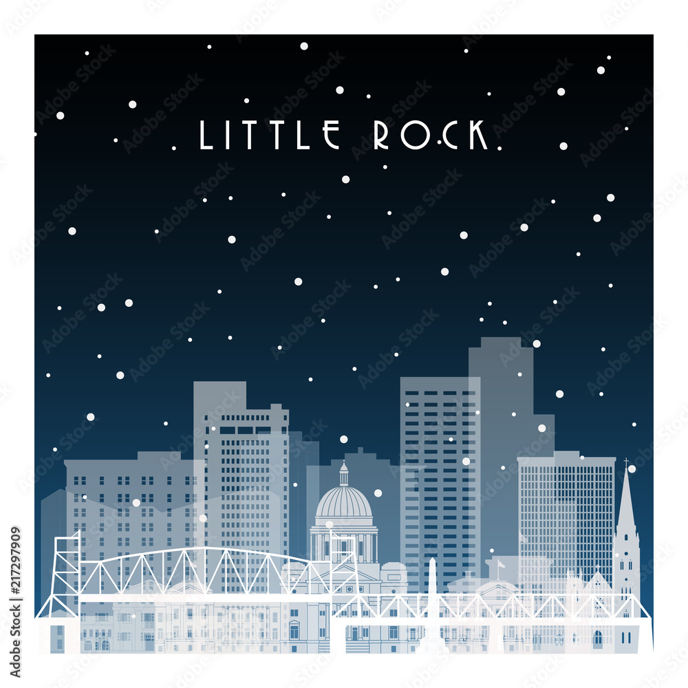 Winter night in Little Rock. Night city in flat style for banner, poster, illustration, background.
