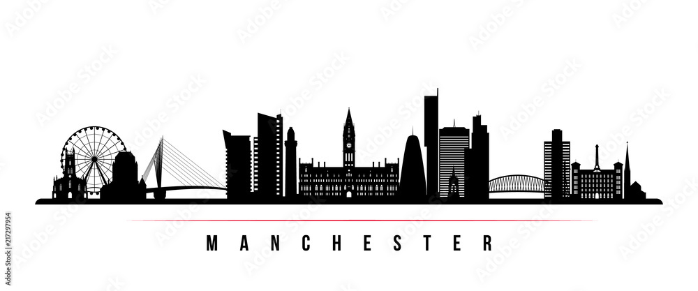 Manchester city skyline horizontal banner. Black and white silhouette of Manchester city, United Kingdom. Vector template for your design.