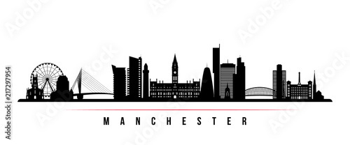 Manchester city skyline horizontal banner. Black and white silhouette of Manchester city, United Kingdom. Vector template for your design. photo