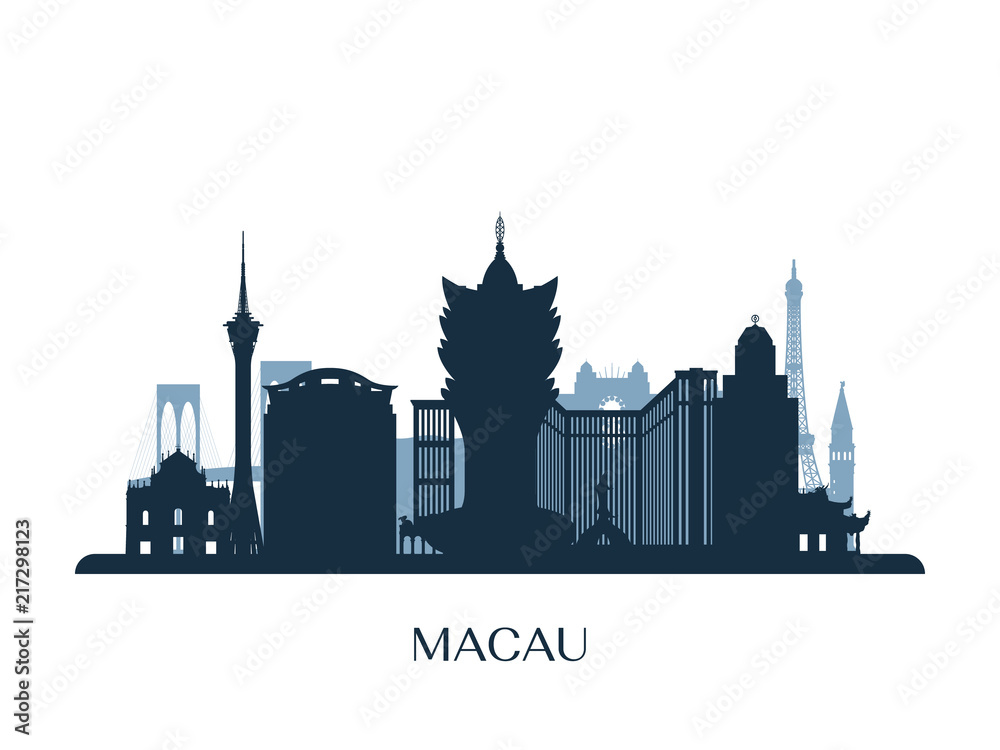 Macau skyline, monochrome silhouette. Vector illustration.