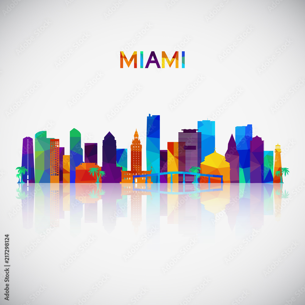 Miami skyline silhouette in colorful geometric style. Symbol for your design. Vector illustration.
