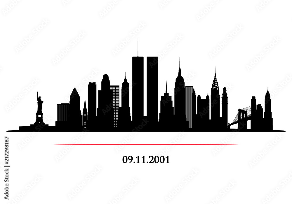 New York City Skyline with twins tower. World Trade Center. 09.11.2001 American Patriot Day anniversary banner. Vector illustration.