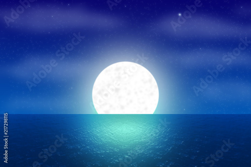 Fantasy night landscape with shimmering water surface  shiny moon and starry cloudy sky.