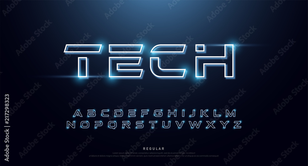 Technology abstract neon font and alphabet. techno effect logo designs. Typography digital space concept. vector illustration