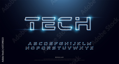 Technology abstract neon font and alphabet. techno effect logo designs. Typography digital space concept. vector illustration
