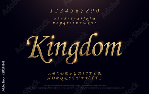 Elegant Golden Colored Metal Chrome alphabet font. Kingdom Gold typography classic style serif font set. vector illustration