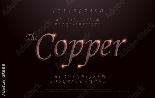 Elegant Copper Colored Metal Chrome alphabet font. Copper typography classic style serif font set. vector illustration