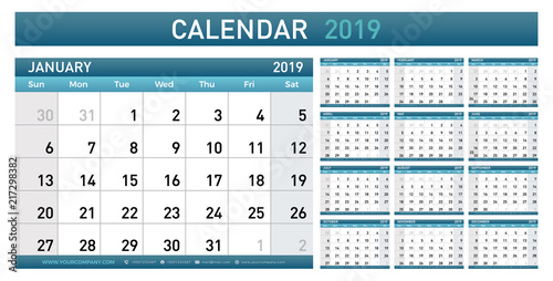 Calendar Planner 2019 year. Simple minimal wall type calendar template. Week starts from sunday. vector illustrator