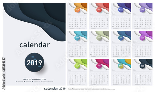 Calendar 2019 Trendy Gradients Origami Style. Set of 12 pages desk calendar. Vector design printing template