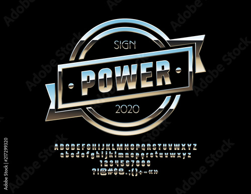 Vector Silver Metallic Emblem Power. Set of Platinum Alphabet Letters, Numbers and Symbols