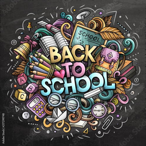 Cartoon cute doodles Back to School phrase. Colorful illustration