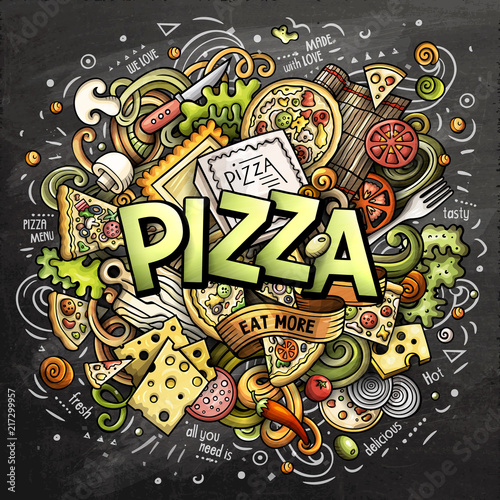 Cartoon cute doodles Pizza word. Colorful illustration