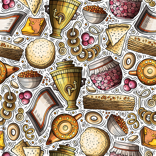 Cartoon hand-drawn Russian food seamless pattern