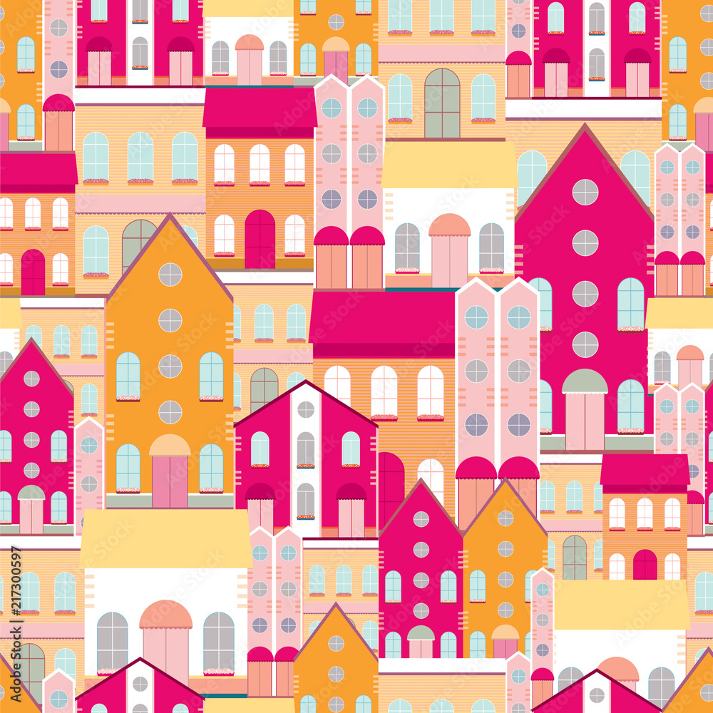 House buildings, home seamless background pattern. Colorful wrapping paper, postcard, banner design template