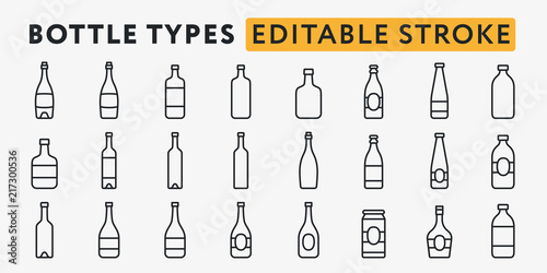 Glass Bottle Types. Alcohol Beverage Bar Drink Concept. Editable Stroke. Minimal Color Flat Line Outline Stroke Icon Set.