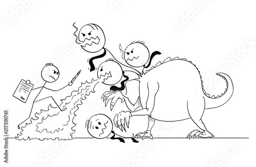 Cartoon stick drawing conceptual illustration of man or businessman with document and pen like shield and sword fighting against beast, monster, hydra or dragon of bureaucracy.