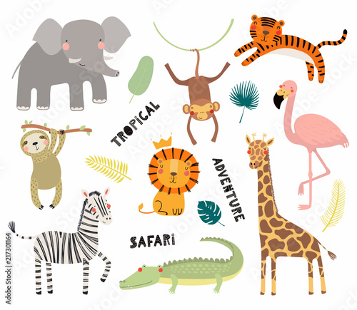 Set of cute funny animals flamingo, sloth, crocodile, elephant, giraffe, lion, tiger, monkey, zebra. Isolated objects on white. Vector illustration Scandinavian style design Concept kids print