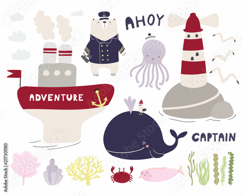 Sea set with cute funny bear sailor, octopus, whale, ship, lighthouse, seagulls, corals, seaweed. Isolated objects on white. Hand drawn vector illustration. Scandinavian style design. Concept kids