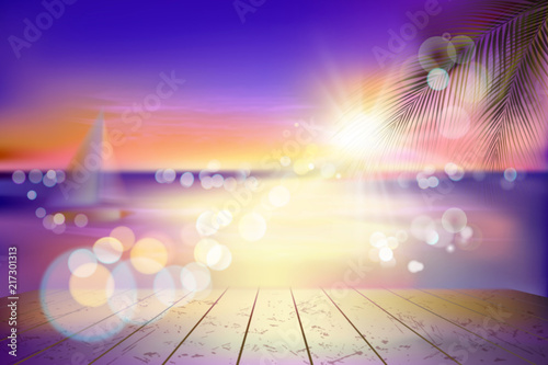 View of a tropical beach with a sailboat. Sunset. Vector Illustration. 