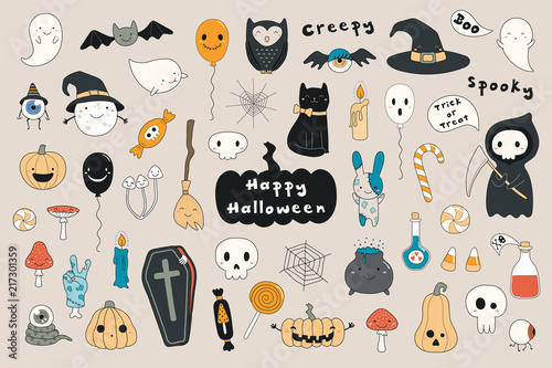 Big set of kawaii funny Halloween elements, with text, pumpkins, ghosts, monsters, zombie, death, candy, balloons. Isolated objects. Hand drawn vector illustration. Line drawing Design concept print