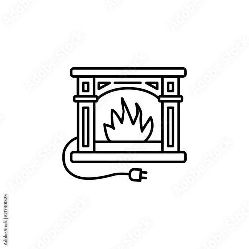 Vector illustration of electic fireplace. Line icon of vintage heater with electric fire. Front view.