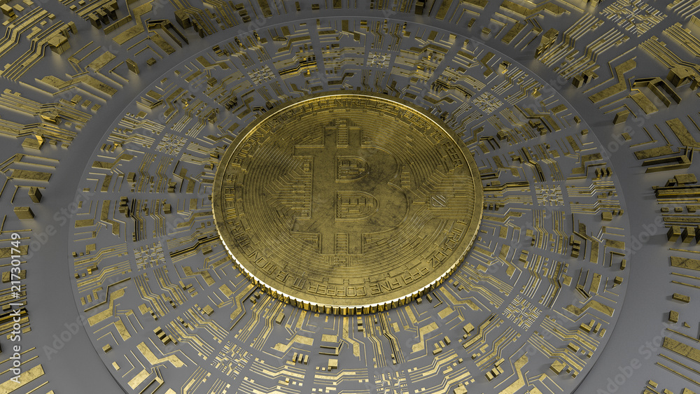Gold Bitcoin on black background and futuristic golden printed circuit. Digital Currency. Mining 