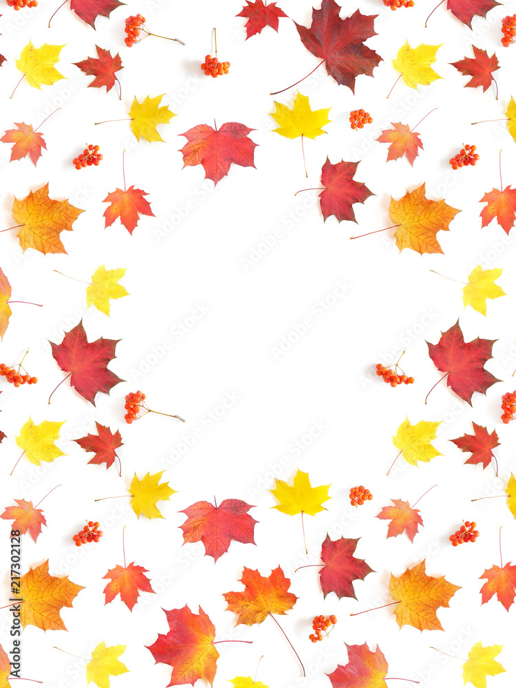 Frame of autumn yellow, orange and red maple leaves isolated on white background, top view, flat layout. Creative pattern, autumn background. Frame of autumn yellow, orange and red maple leaves isolated on white background, top view, flat layout. Creative pattern, autumn background.
