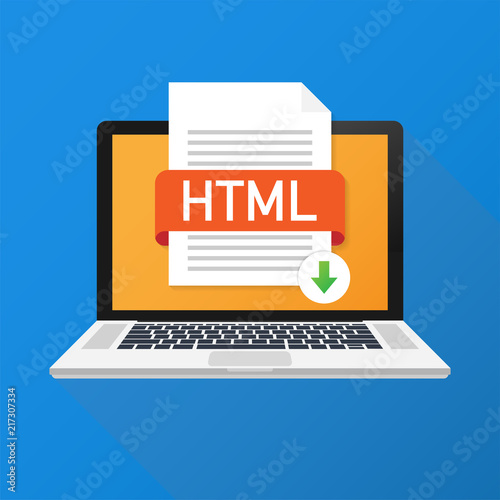 Download HTML button on laptop screen. Downloading document concept. File with HTML label and down arrow sign. Vector illustration.