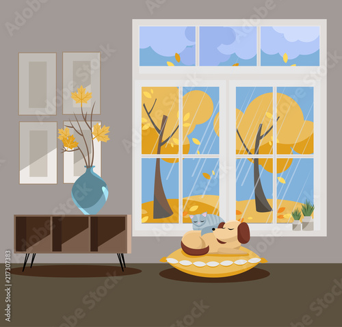 Window with a view of yellow trees and flying leaves. Autumn interior with sleeping cat and dog, vases, pictures on grey wallpaper. Rainy good weather outside. Flat cartoon style vector illustration.