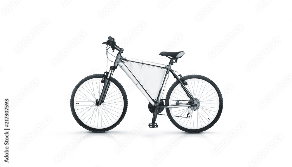 Blank white sport bicycle with ad banner mock up, isolated. Clear bike for rent witn pennant in middle frame mockup. Mountain empty baner rental velocipede design template with nobody.