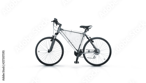 Blank white sport bicycle with ad banner mock up, isolated. Clear bike for rent witn pennant in middle frame mockup. Mountain empty baner rental velocipede design template with nobody.