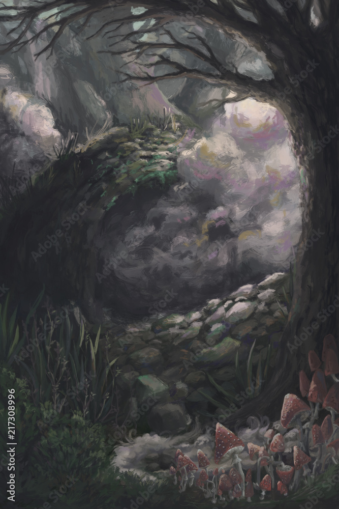 Fototapeta premium Mysterious forest landscape with trees, mist and mushrooms. Fairytale scenery background. Hand drawn illustration. 