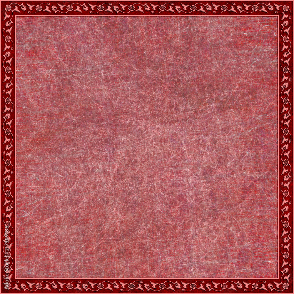 Square card with arabic floral ornament frame in pink and brick colors on a stone imitation surface. Free space for text.