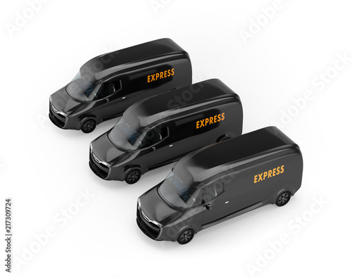 Fleet of black electric powered delivery vans isolated on white background. 3D rendering image.