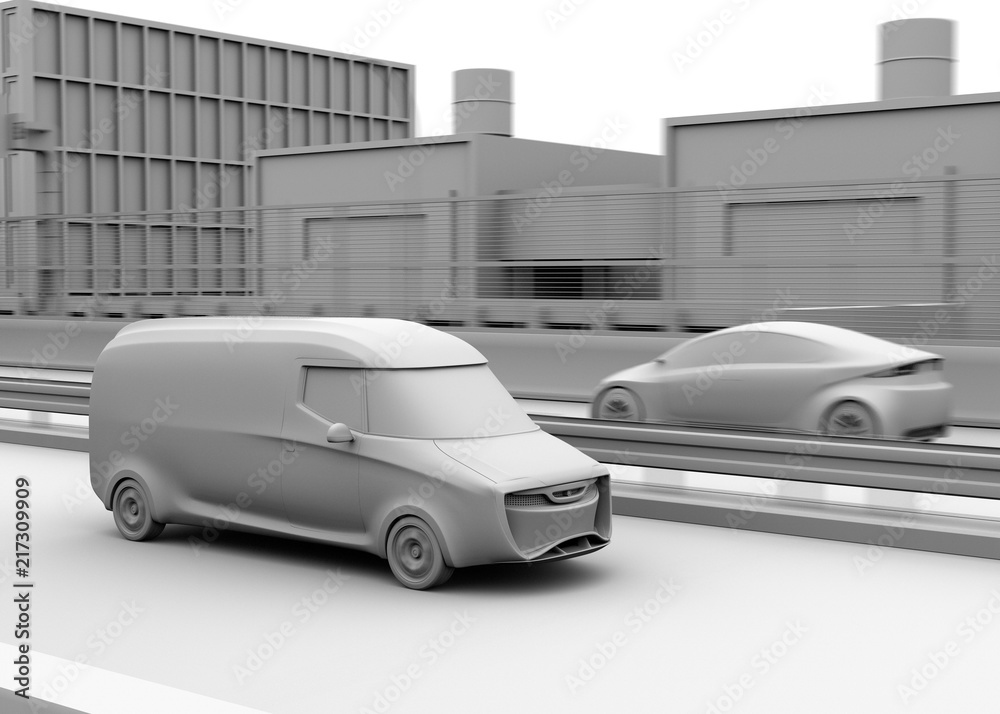 Clay shading rendering of self-driving delivery van driving on highway. Copy space on side body. 3D rendering image.