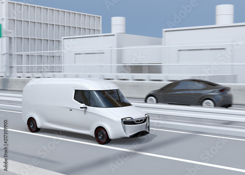 White self-driving delivery van driving on highway. Copy space on side body. 3D rendering image.