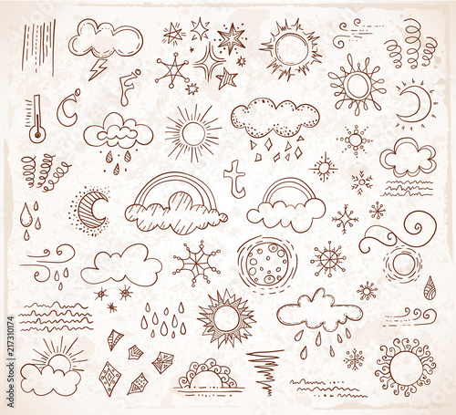 Doodle weather icons. Vector illustration. Hand-drawn symbols of weather. Set of design elements on vintage grunge background.