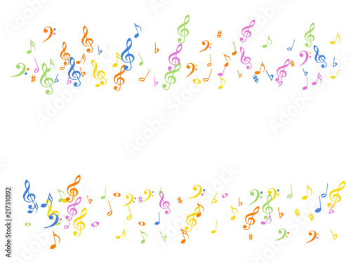 Music Notes Confetti Falling Chaos Vector. Music Symbols Texture Poster Background Elements. Party Night, Festival, Celebration or Concert, Melody Notes Trail. Decorative Song Sheets Chaos Effect.