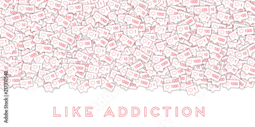 Social media icons. Like addiction concept. Falling pink like counter. Wide top gradient elements on