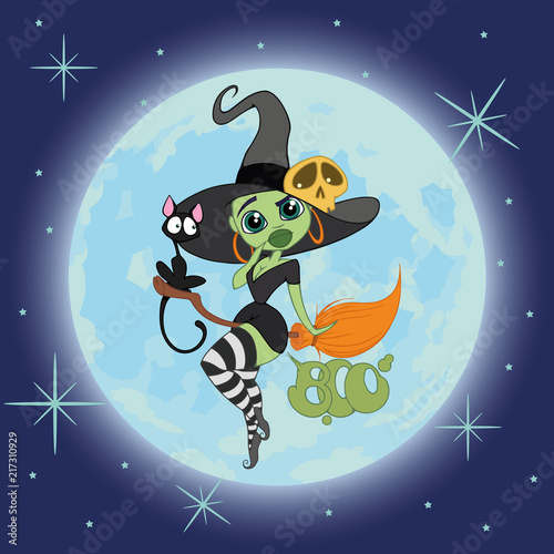 witch flying on a broomstick with a black cat