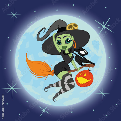 witch flying on a broomstick with a black cat