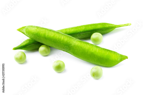 Two pods of peas on white